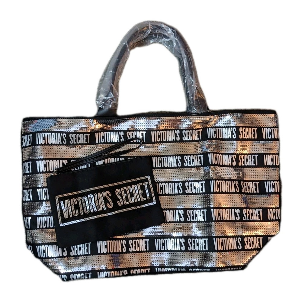 NEW Victoria's Secret Weekender Sequin Bling Tote Bag &‎ Black Wristlet Combo